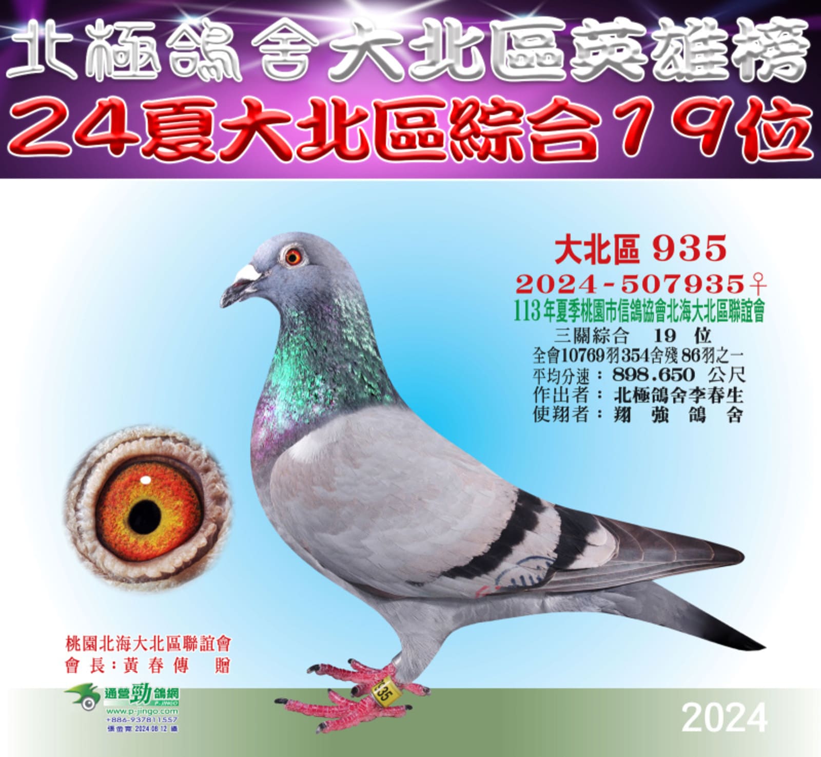 母：2024-507935灰♀ 24夏北海大北區10,769羽三關綜合19位 代表平輩姐：21-170621冬北海500公里五關綜合冠軍
