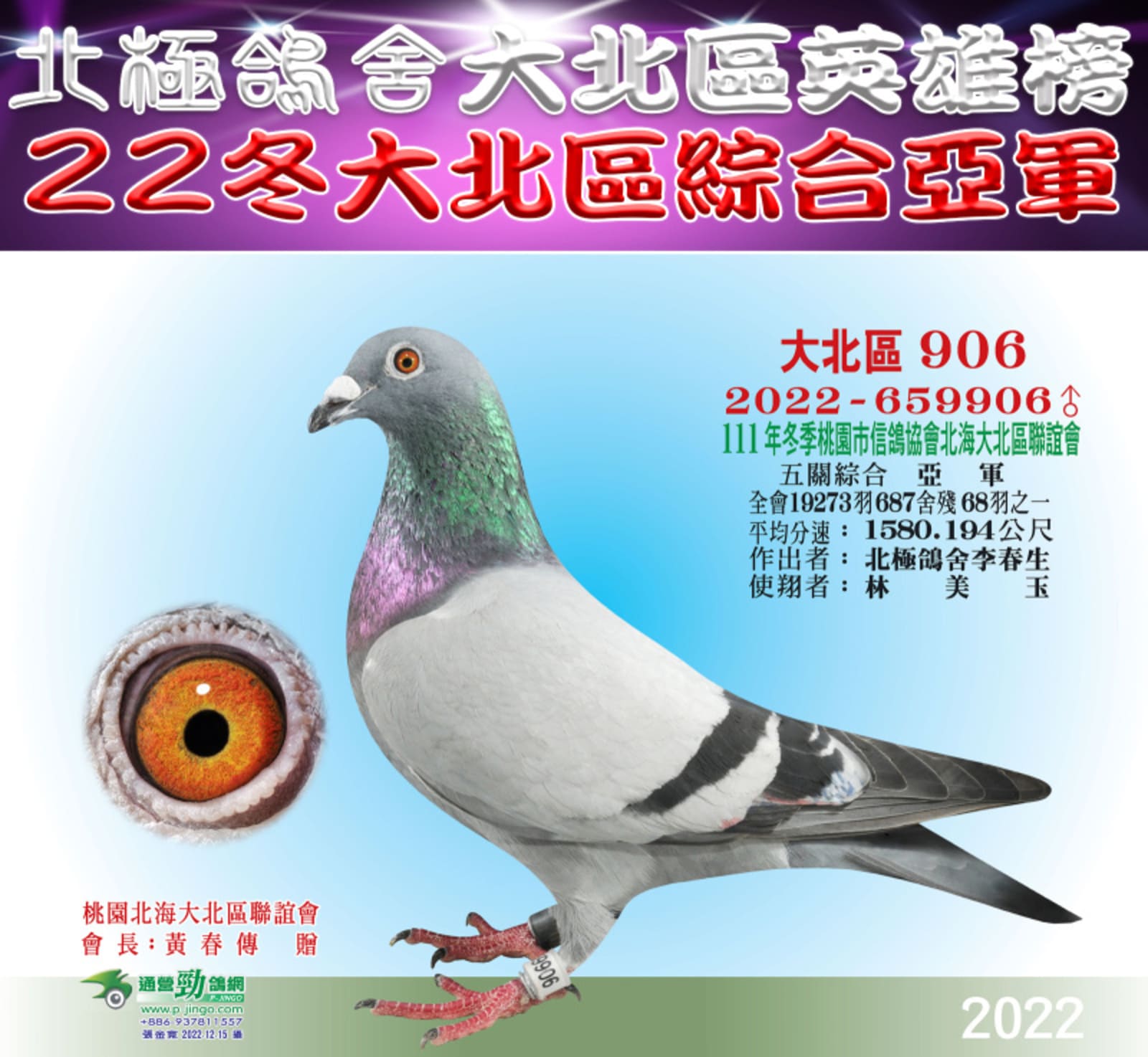 父：2022-659906“億萬金公906”     北極珍藏紀錄種鴿     桃園大北區22年冬北海19,273羽     五關綜合亞軍(殘68羽)伯馬     (全船第五關單關冠軍)     北海
